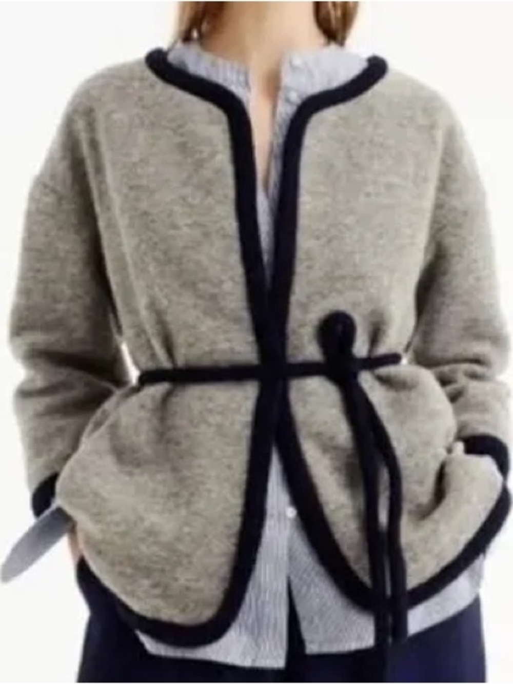 J.Crew gray boiled wool wrap cardigan or jacket navy blue contrast trim small